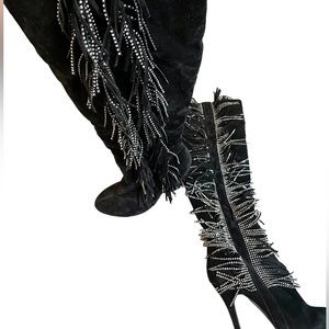 Lauren Lorraine Black Heeled Boots With Beaded Fringe and Side Zip Size 8